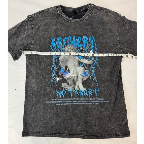 Washed Black Angel Cupid Graphic Tee Lightning Y2K Grunge Streetwear Medium - Picture 3 of 7